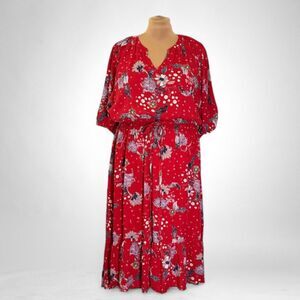 NURTURE by Westbound Red Floral High-Low V-Neck Shift Midi Dress, NWT! Sz 2X